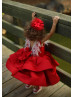 Red Fluffy Beaded V Back Flower Girl Dress